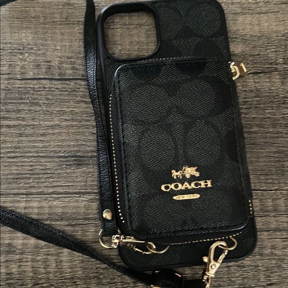 Coach Black I Phone Case with Gold Accents